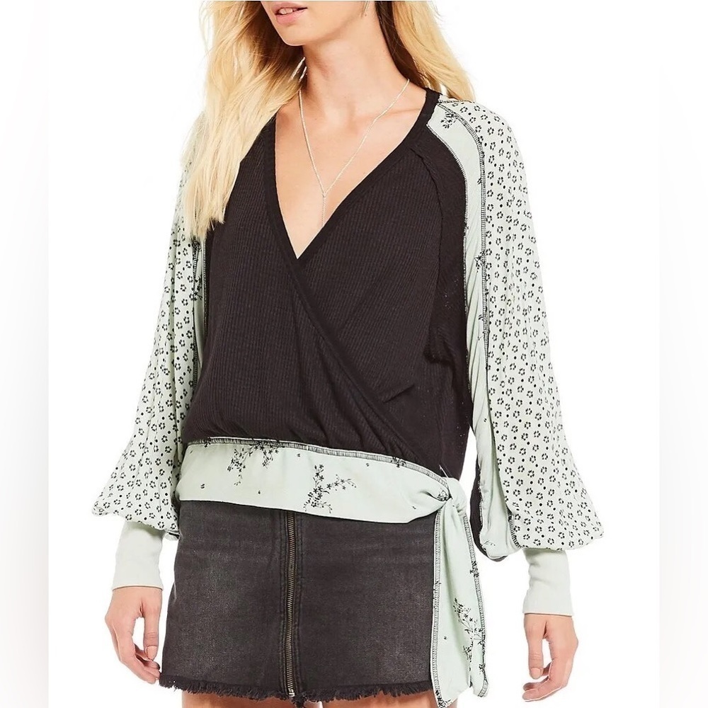 Free People Black Wrap Top with Mint Floral Trim